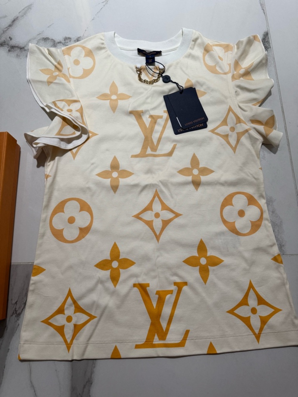 Louis Vuitton sunrise orange Cream and Gold Monogram Short Sleeve Tee